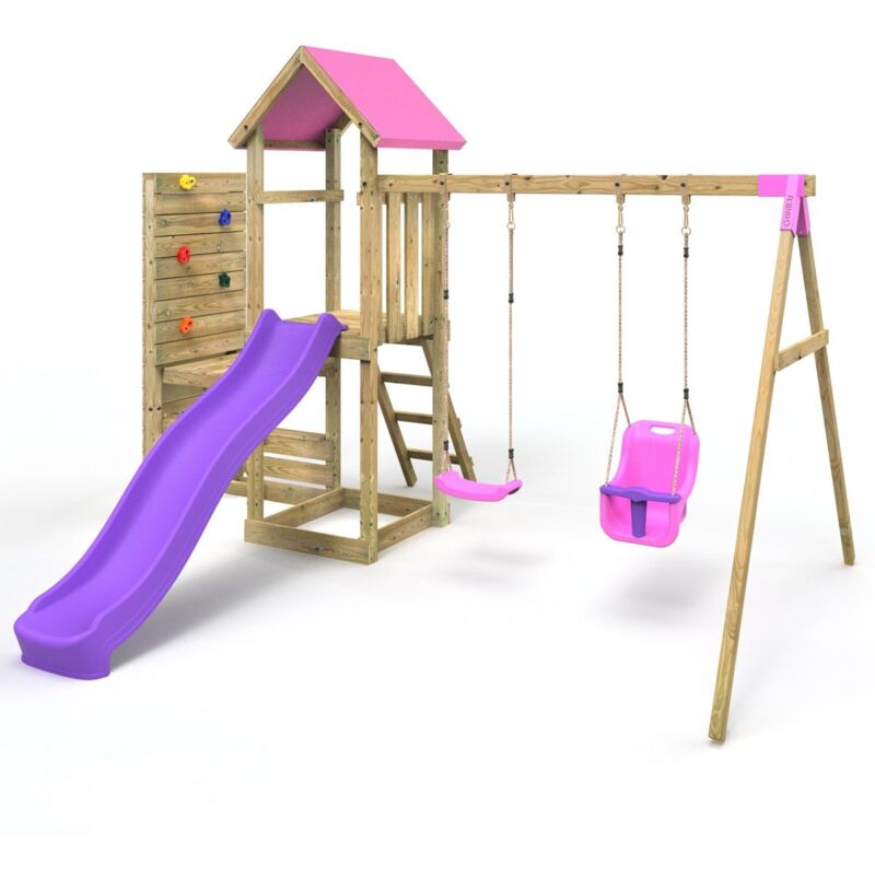 Rebo - Wooden Climbing Frame with Vertical Rock Wall, Swing Set and Slide - Rainier+ Pink