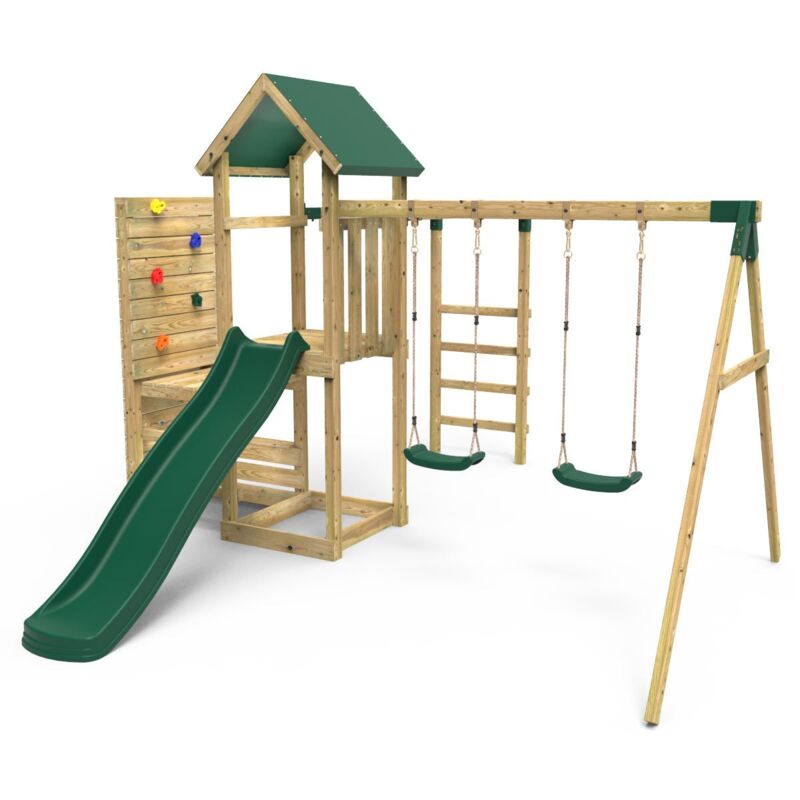 Rebo Wooden Climbing Frame with Vertical Rock Wall, Swing Set and Slide - El Capitan+