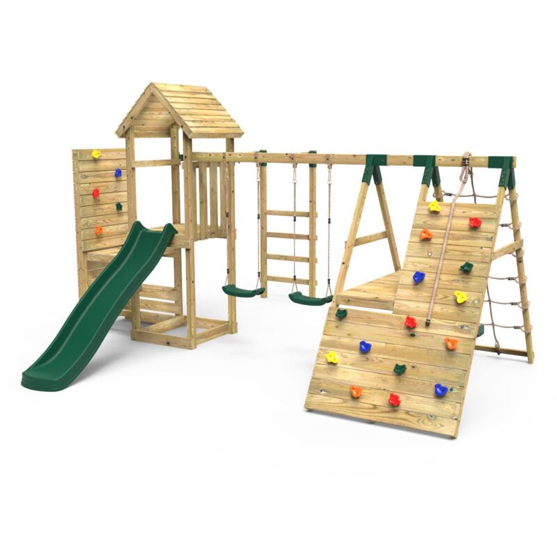 Rebo Wooden Climbing Frame with Vertical Rock Wall, Swing Set and Slide - Pennine+