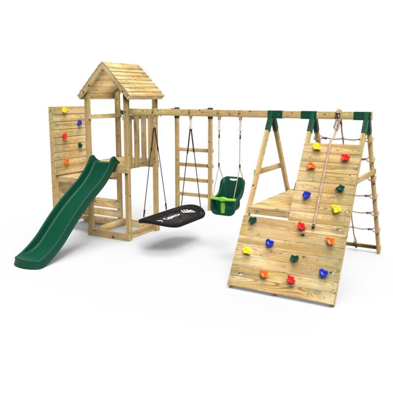 Rebo Wooden Climbing Frame with Vertical Rock Wall, Swing Set and Slides - Cairngorm+