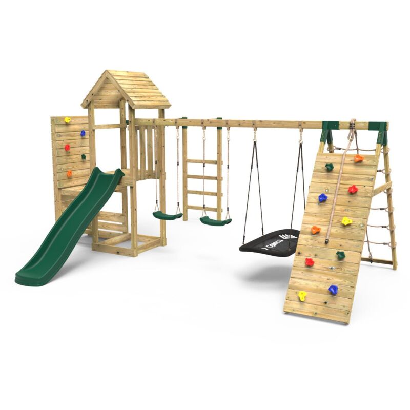 Wooden Climbing Frame with Vertical Rock Wall, Swing Set and Slide - Pyrennes+ - Rebo