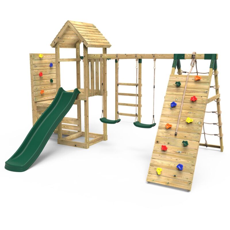 Rebo - Wooden Climbing Frame with Vertical Rock Wall, Swing Set and Slide - Dolomite+