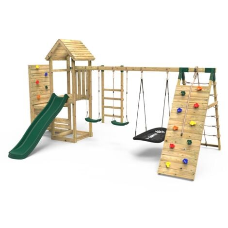 Rebo Wooden Climbing Frame with Vertical Rock Wall, Swing Set and Slide - Pyrennes+
