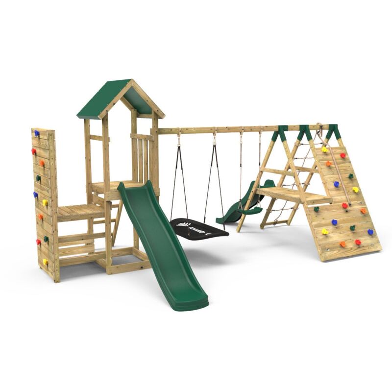 Wooden Climbing Frame with Vertical Rock Wall, Swing Set and Slide - San Luis+ - Rebo