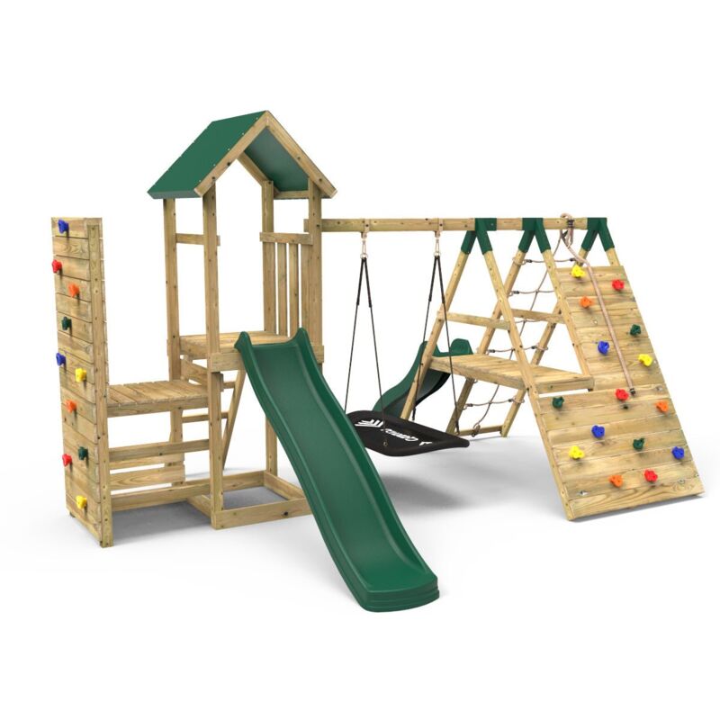 Rebo - Wooden Climbing Frame with Vertical Rock Wall, Swing Set and Slide - Crestone+