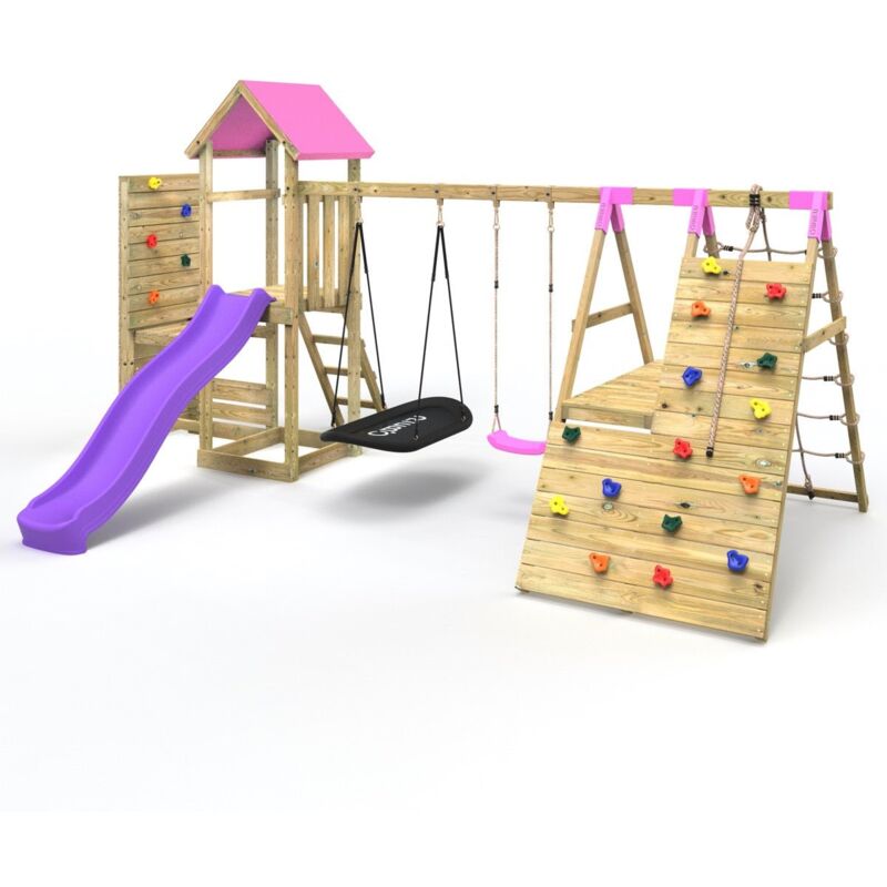 Rebo - Wooden Climbing Frame with Vertical Rock Wall, Swing Set and Slide - San Luis+ Pink