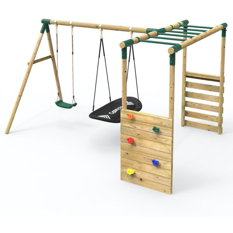 Rebo - Wooden Garden Children's Swing Set with Extra-Long Monkey Bars - Double Swing - Sage Green