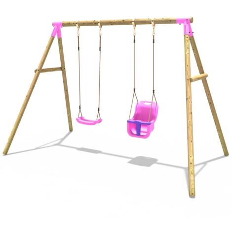 Rebo Wooden Garden Swing Set with Standard Seat and Baby Seat - Luna Pink