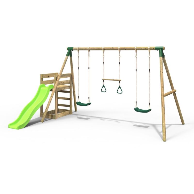 Rebo - Wooden Swing Set plus Deck & Slide - Comet Green