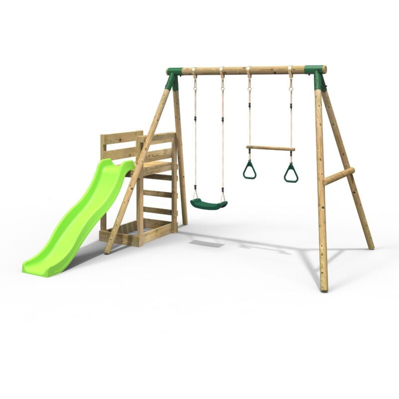 Rebo Wooden Swing Set plus Deck & Slide - Janus Green