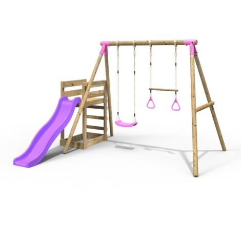 Rebo Wooden Swing Set plus Deck & Slide - Janus Pink