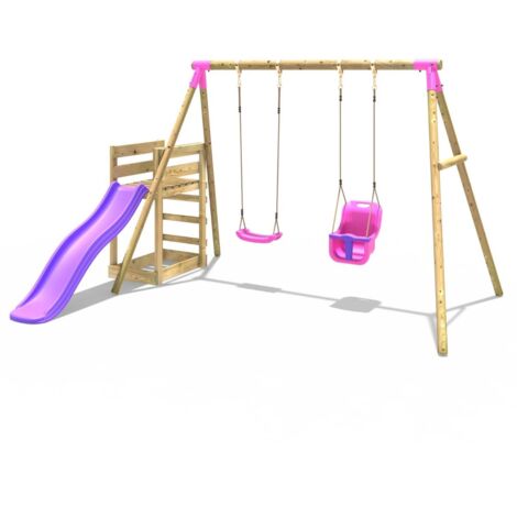 Rebo Wooden Swing Set plus Deck & Slide Luna Pink