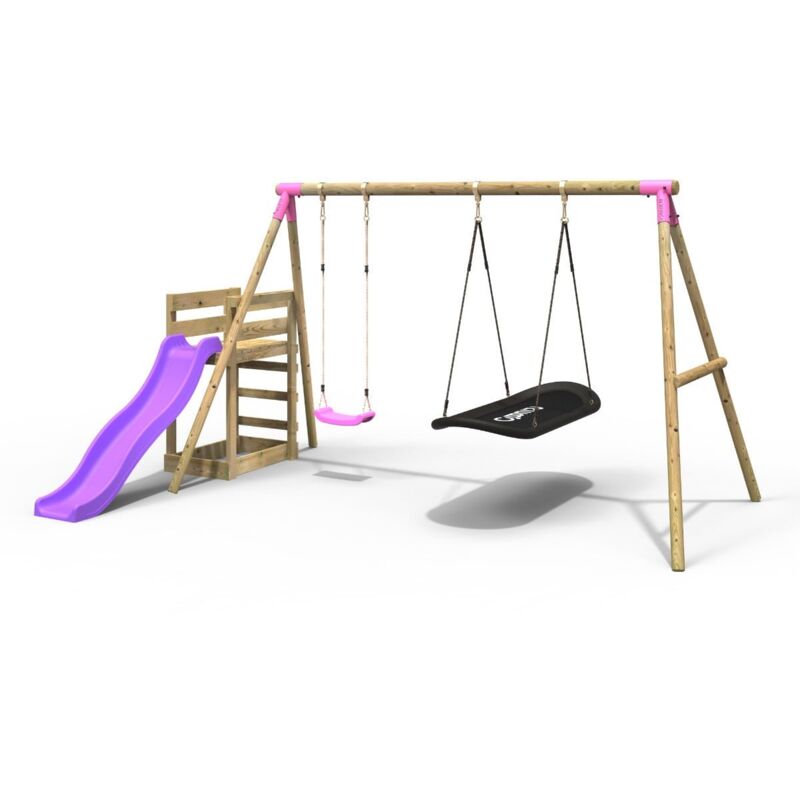 Rebo - Wooden Swing Set plus Deck & Slide - Meteorite Pink