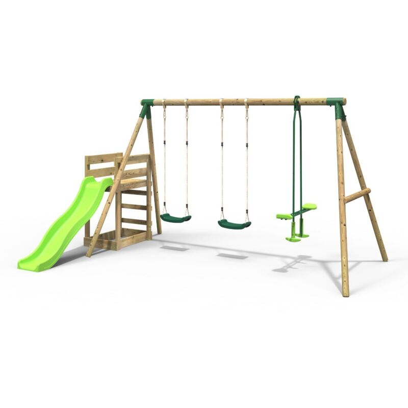 Rebo - Wooden Swing Set plus Deck & Slide - Neptune Green