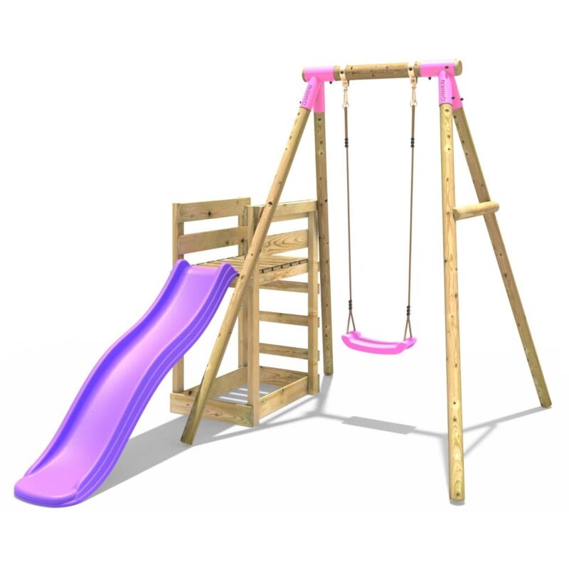 Rebo Wooden Swing Set plus Deck & Slide Solar Pink