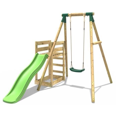Rebo Wooden Swing Set plus Deck & Slide - Solar Green