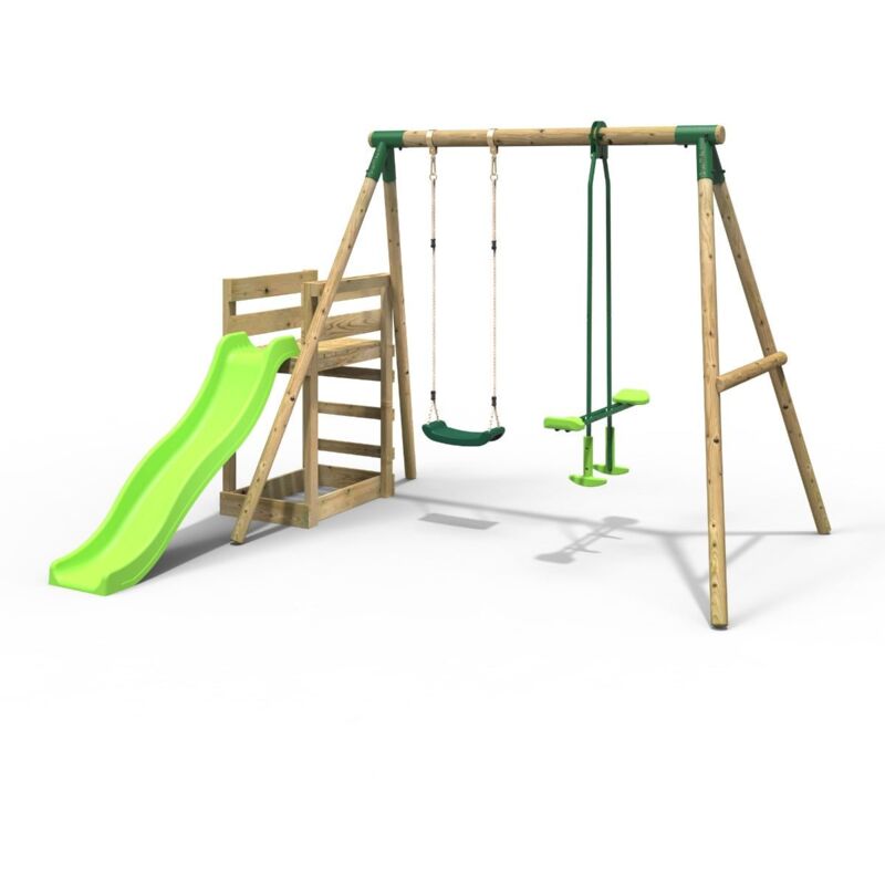 Rebo - Wooden Swing Set plus Deck & Slide - Star Green