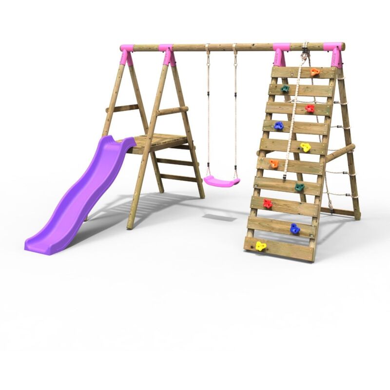 Rebo - Wooden Swing Set with Deck and Slide plus Up and Over Climbing Wall - Amber Pink