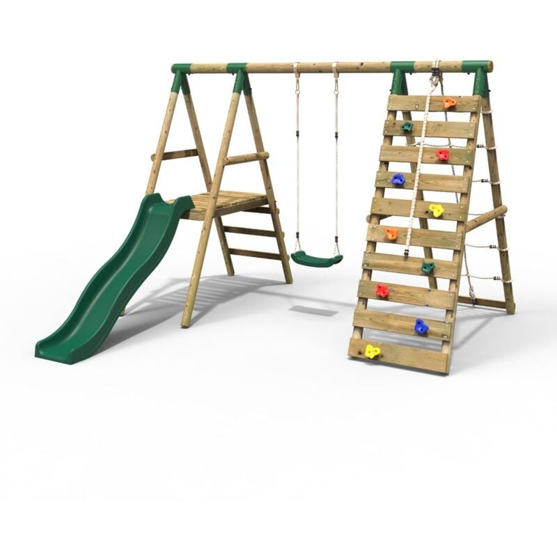 Rebo - Wooden Swing Set with Deck and Slide plus Up and Over Climbing Wall - Amber Green