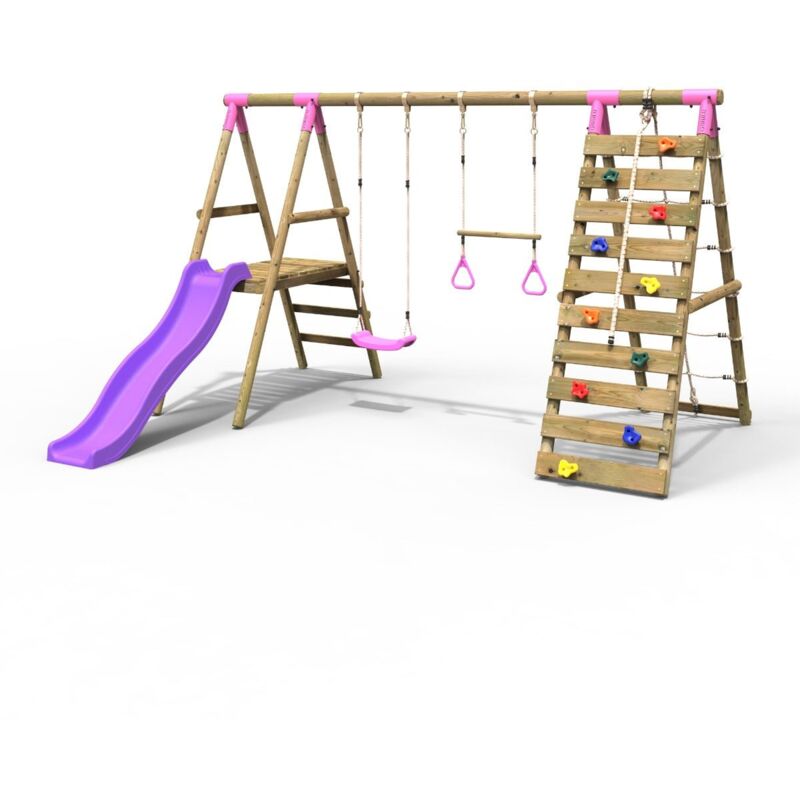 Rebo - Wooden Swing Set with Deck and Slide plus Up and Over Climbing Wall - Jasper Pink