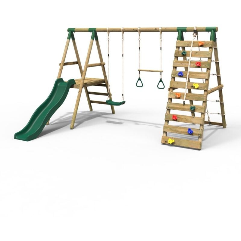 Rebo - Wooden Swing Set with Deck and Slide plus Up and Over Climbing Wall - Jasper Green