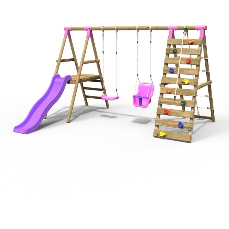 Rebo - Wooden Swing Set with Deck and Slide plus Up and Over Climbing Wall - Moonstone Pink