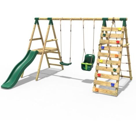 Rebo Wooden Swing Set with Deck and Slide plus Up and Over Climbing Wall - Moonstone Green