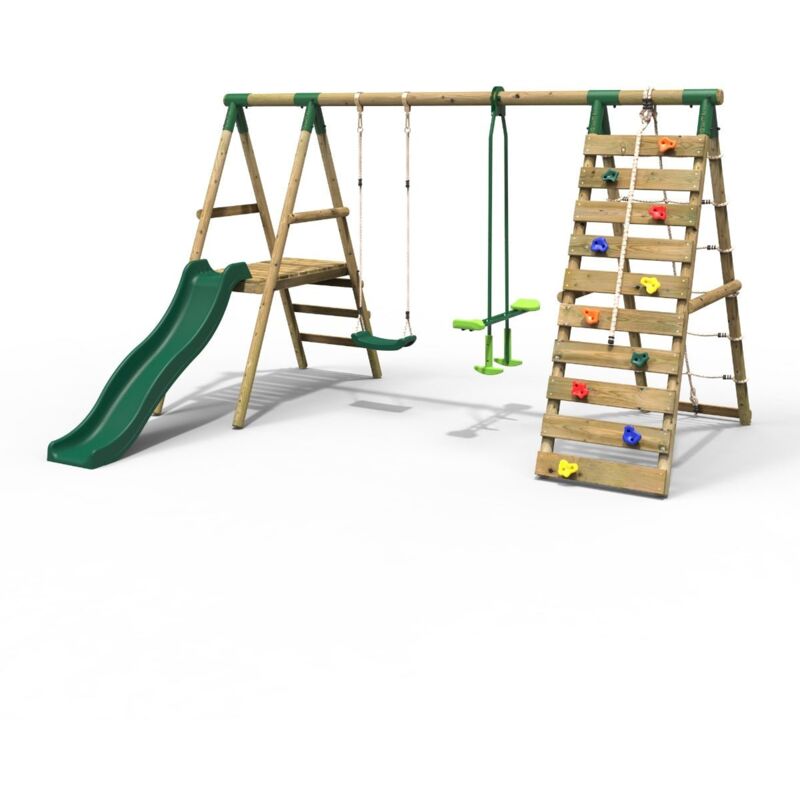 Rebo - Wooden Swing Set with Deck and Slide plus Up and Over Climbing Wall - Obsidian Green