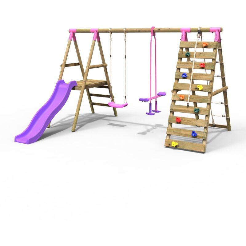 Rebo - Wooden Swing Set with Deck and Slide plus Up and Over Climbing Wall - Obsidian Pink