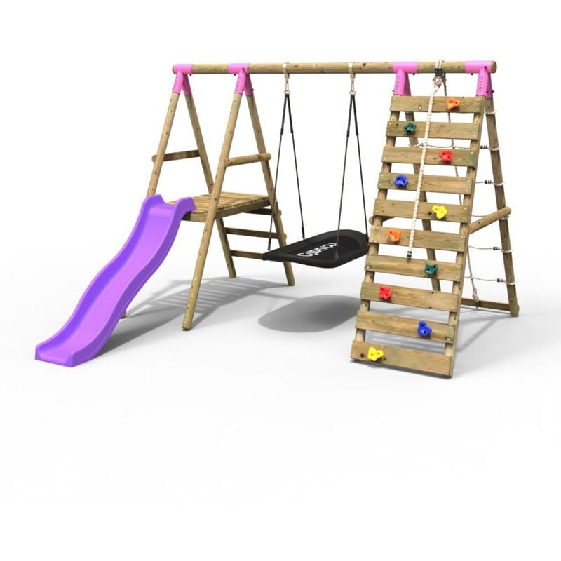 Rebo - Wooden Swing Set with Deck and Slide plus Up and Over Climbing Wall - Onyx Pink