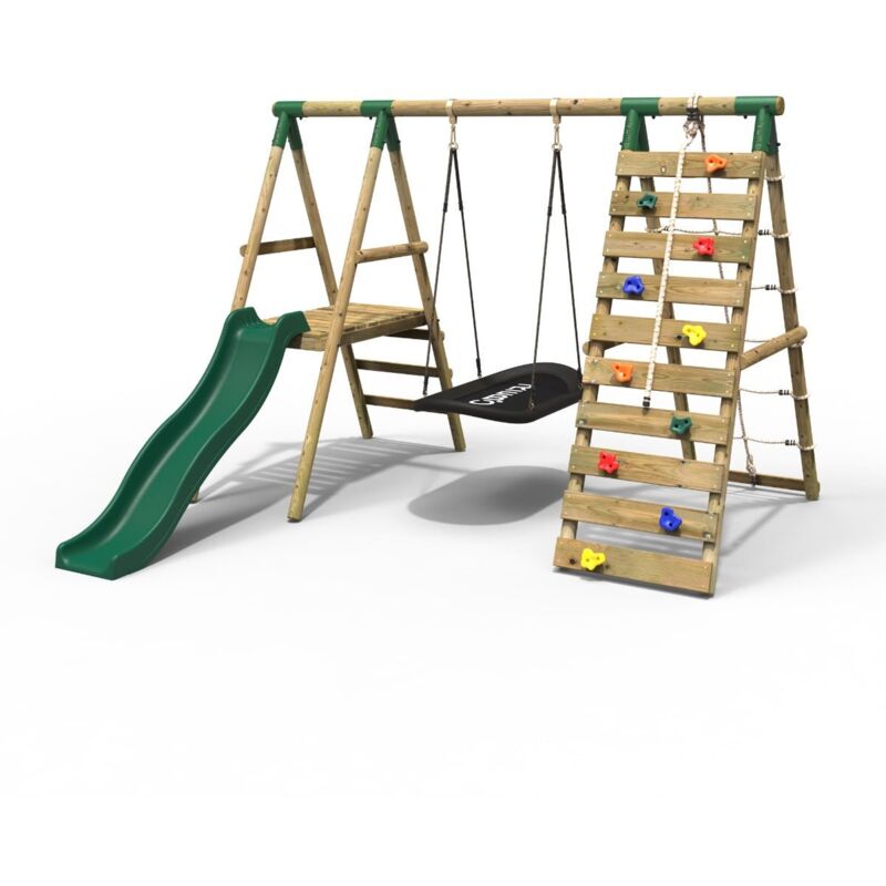 Rebo - Wooden Swing Set with Deck and Slide plus Up and Over Climbing Wall - Onyx Green