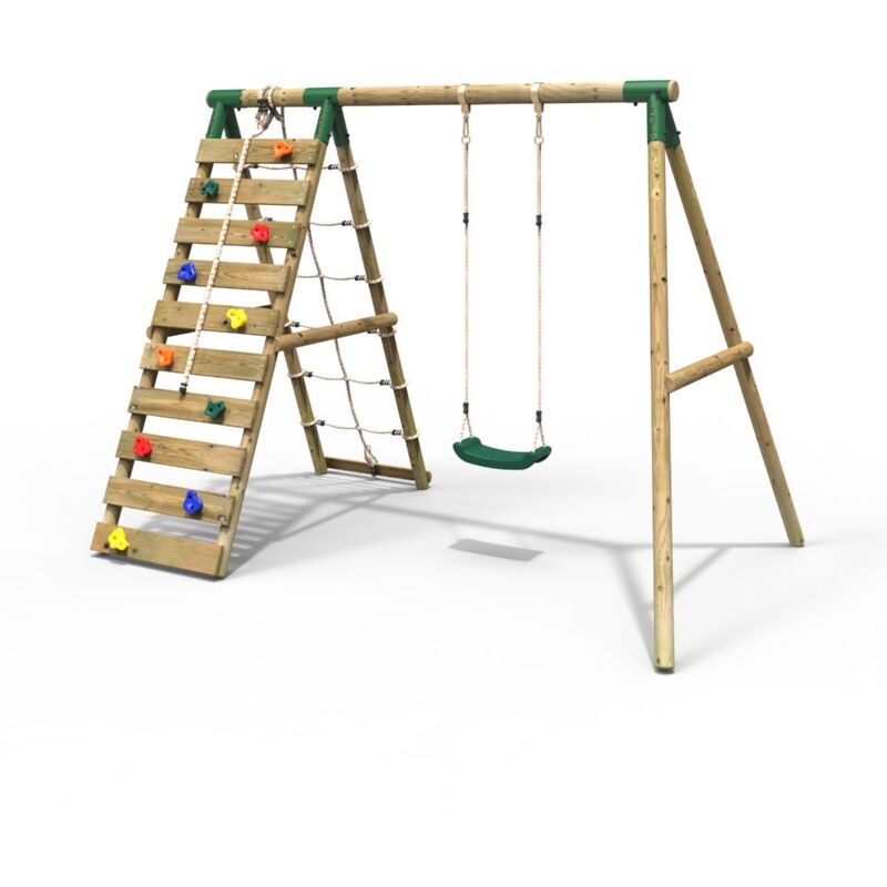 Wooden Swing Set with Up and Over Climbing Wall - Aria Green - Rebo