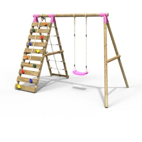 Rebo Wooden Swing Set with Up and Over Climbing Wall - Aria Pink