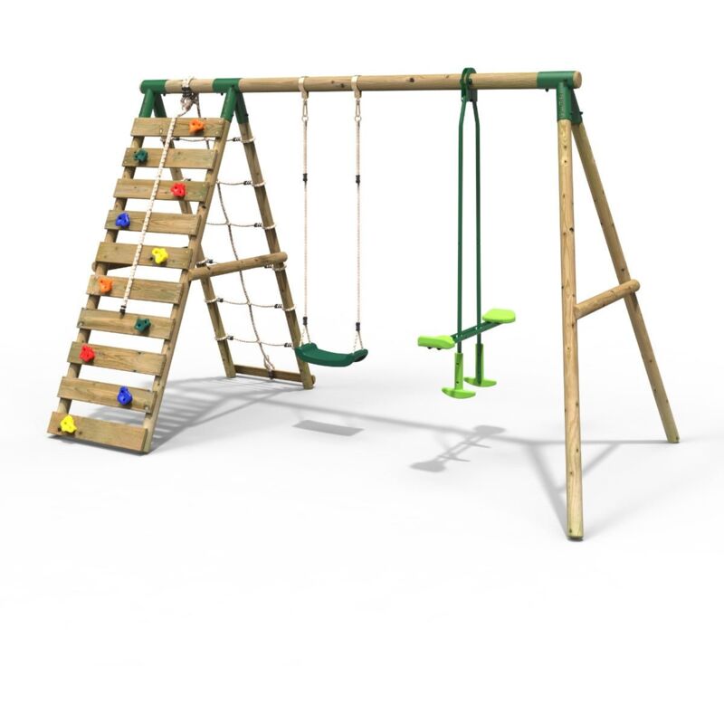 Rebo Wooden Swing Set with Up and Over Climbing Wall - Isla Green