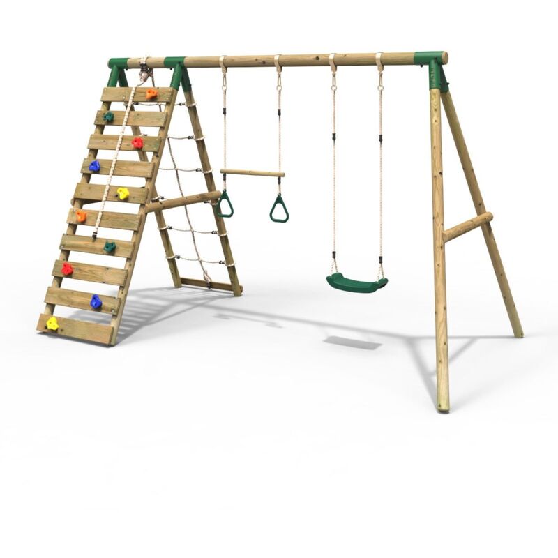 Rebo - Wooden Swing Set with Up and Over Climbing Wall - Savannah Green