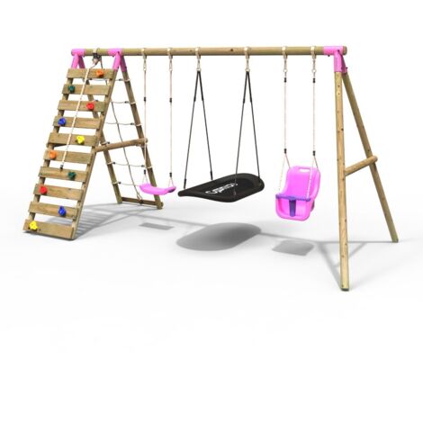 Rebo Wooden Swing Set with Up and Over Climbing Wall - Skye Pink