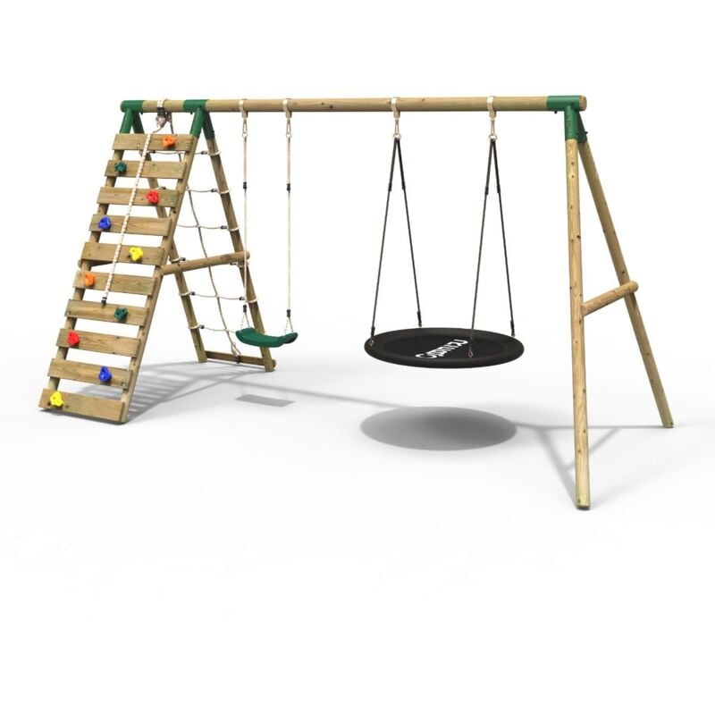 Rebo - Wooden Swing Set with Up and Over Climbing Wall - Vale Green