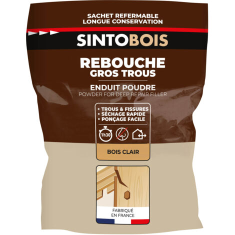 Sinto – Enduit en poudre pour reboucher gros trous – Compatible bois, plâtre, ciment – Séchage rapide en 1h30 – Pour intérieur et extérieur
