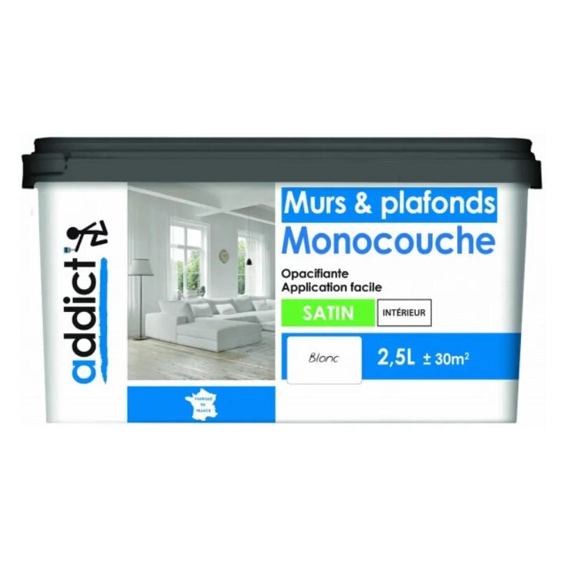 Peinture acrylique blanc satin opacifiante monocouche murs et plafonds, 2.5 l