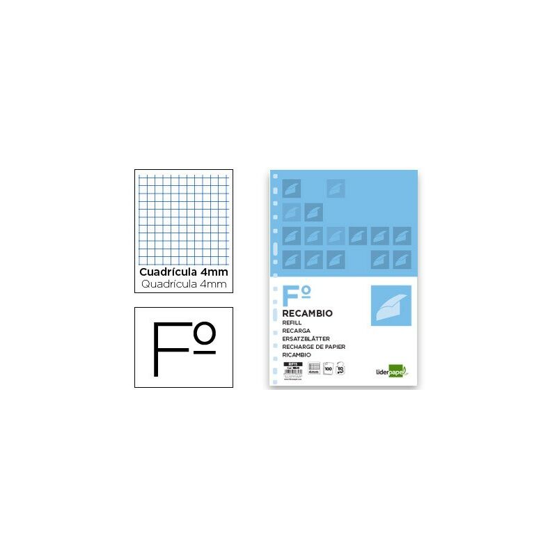 

Recambio folio 100 hojas 60g/m2 cuadro 4mm con margen 16 taladros - Liderpapel