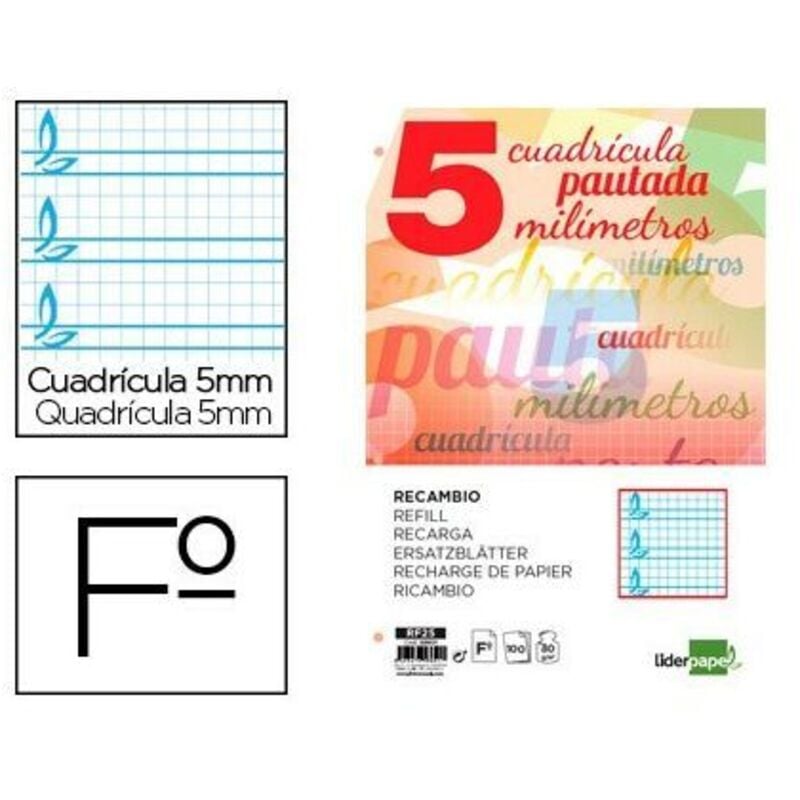 

Recambio folio pautaguia 100 hojas 75 g cuadriculado pautado 5 mm con margen 4 taladros - Liderpapel