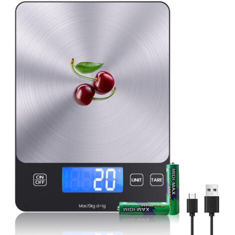 [Recargable y hasta 15 kg] Báscula de cocina digital, báscula electrónica USB-C, báscula de alimentos de alta precisión de 1 g / 0,1 oz, función de dureza profesional, batería incluida.