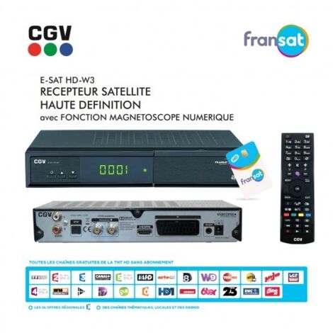 Récepteur Décodeur Enregistreur Satellite HD CGV E-SAT HD-W3 + Carte FRANSAT - Time Shift, Lecteur Multimédia, Timer, Instant Replay