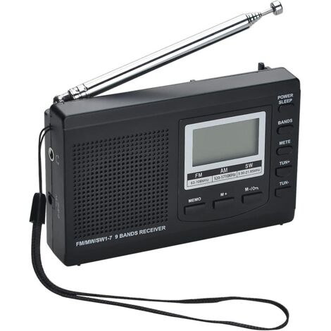Récepteur radio portable 9 bandes avec haut-parleur et casque, affichage de l'heure 12/24 h, rétroéclairage, alarme, excellente réception