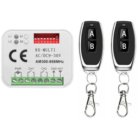Récepteur radio universel pour porte de garage automatique  2 canaux code fixe et tournant 9/30V 300-868MHz  Livré avec 2 télécommandes universelles AC/DC