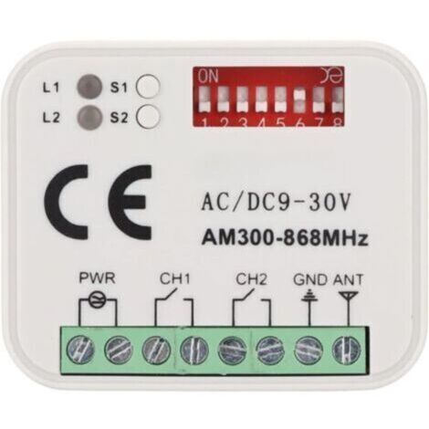 Récepteur sans fil à double canal (433–868 MHz) — compatible avec les télécommandes Doorhan de 433,92 MHz — tension d’alimentation 12–24 V CA/CC — prend en charge les codes roulants et les codes fixes