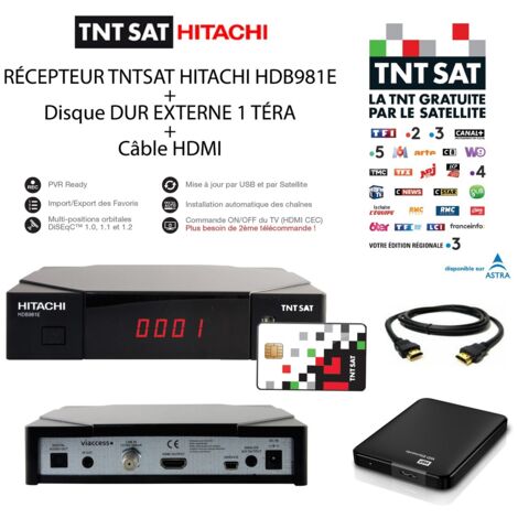 Récepteur TNTSAT HDB981E + Disque Dur Externe 1 Téra + Câble HDMI – Carte TNTSAT incluse, PVR Ready, Mise à jour par USB et par Satellite