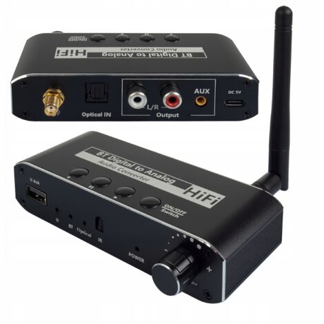 RECEPTOR BLUETOOTH 5.0 CONVERTIDOR DE AUDIO DAC TOSLINK 2x CINCH AUX BT + USB