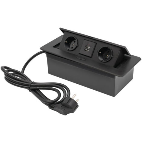 Recessed socket with 2 USB ports, 2 Euro multi-purpose table socket, black aluminum