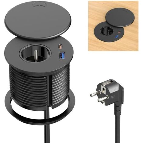 Recessed Socket with USB C PD 20 W, Sewingvr Retractable Power Strip with Cover, USB A & C Ports, 2 m Cable, Black Desktop Socket